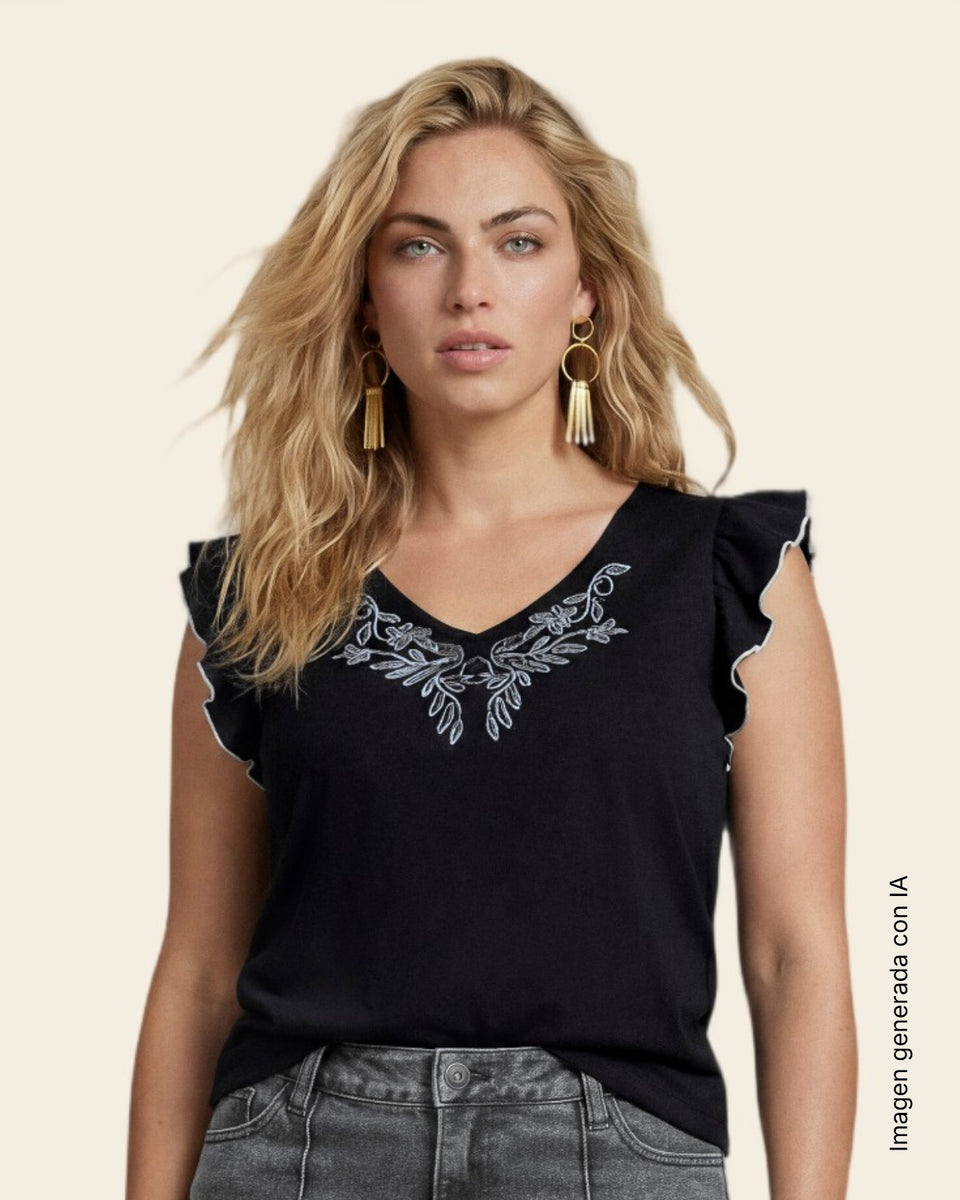 Blusa de mangas con vuelo y estampado localizado