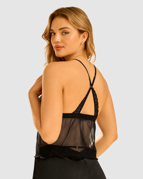 Blusa de tiritas con copas en mesh y encaje Leonisa by Serez#color_700-negro