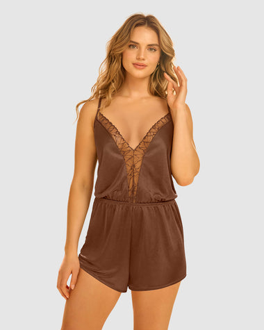 Enterizo corto con encaje en escote Leonisa by Serez#color_800-cafe