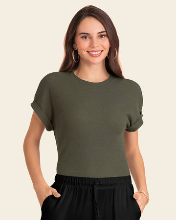 Blusa manga corta con textura#color_c46-verde-militar