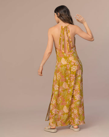 Vestido largo estampado con espalda descubierta#color_145-estampado-amarillo
