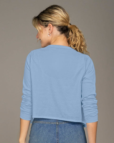 Blusa manga larga con botones funcionales en frente para mujer#color_022-azul