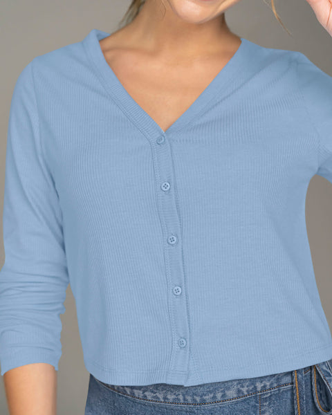 Blusa manga larga con botones funcionales en frente para mujer#color_022-azul