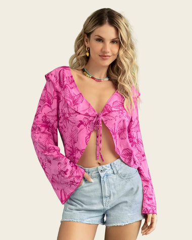 Blusa manga larga acampanada con tiras para anudar en frente#color_774-estampado