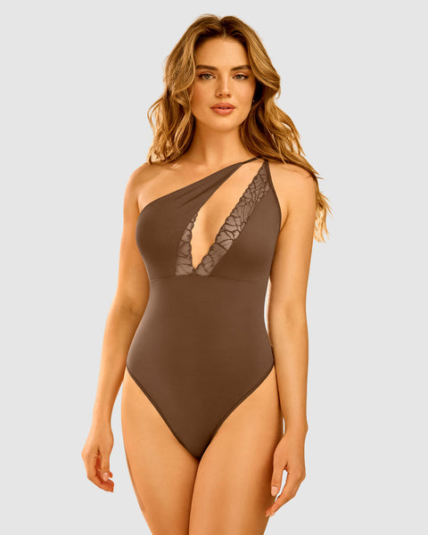 Body de escote asimétrico con encaje Leonisa by Serez#color_800-cafe