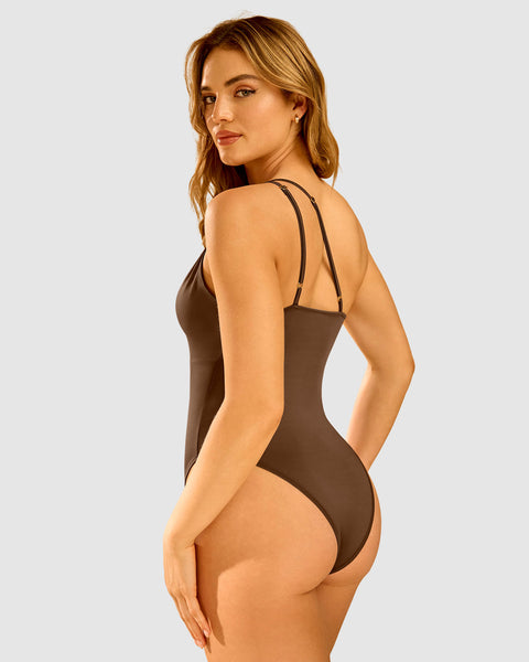 Body de escote asimétrico con encaje Leonisa by Serez#color_800-cafe