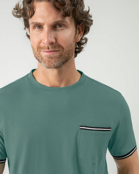 Camisa manga corta con detalle tejido en mangas#color_063-verde-azul