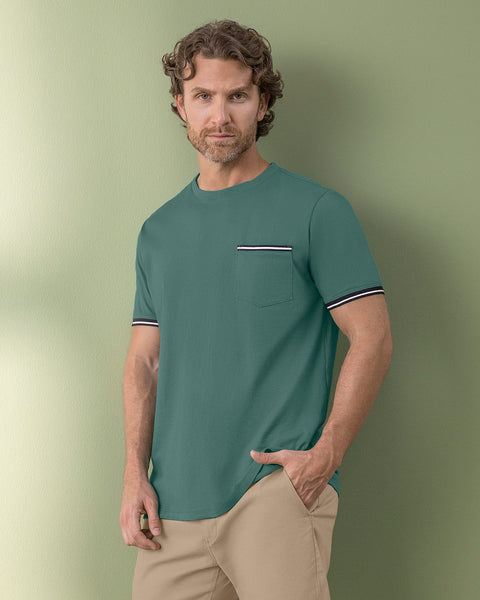 Camisa manga corta con detalle tejido en mangas#color_063-verde-azul
