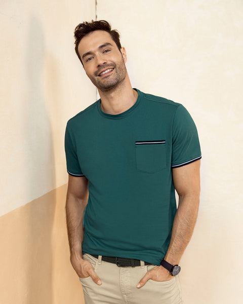 Camiseta manga corta con puños tejidos#color_948-verde-pino